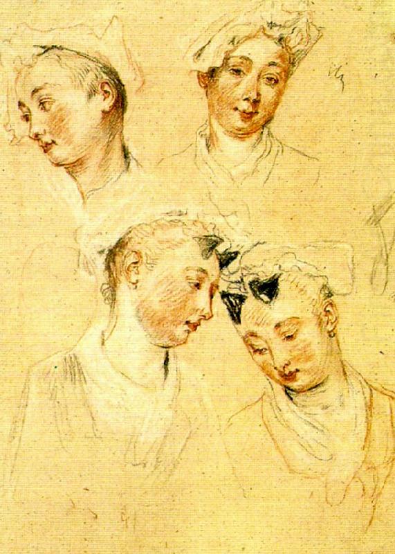 WATTEAU, Antoine fyra huvudstudier av ung kvinna china oil painting image